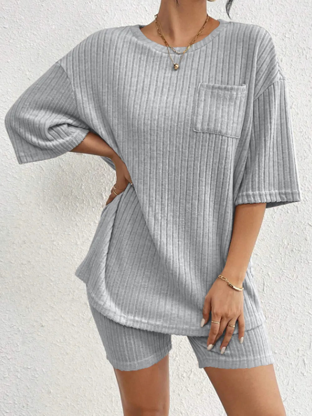 Ribbed Round Neck Top Shorts Set (15)