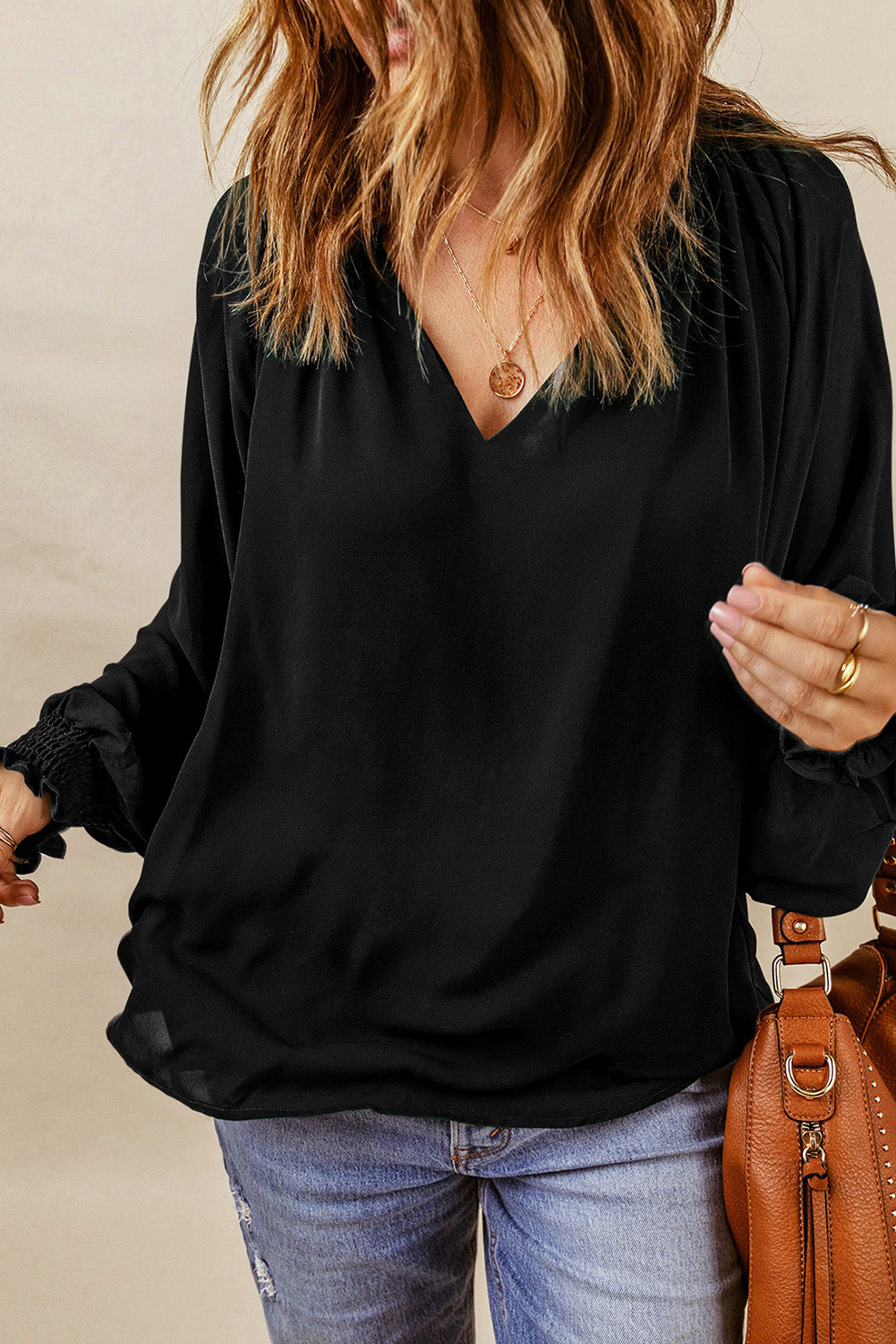 Notched Neck Lantern Sleeve Blouse (10)