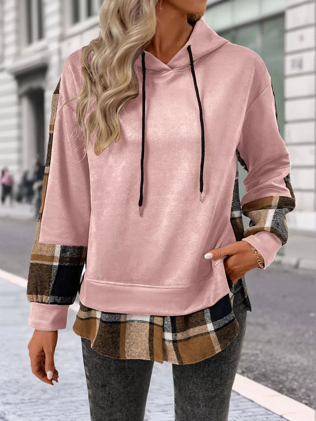 Plaid Drawstring Long Sleeve Hoodie (17)