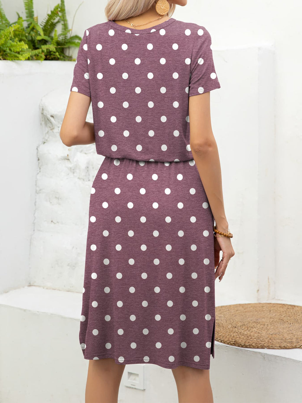 Round Neck Short Sleeve Slit Dress Pockets (18)