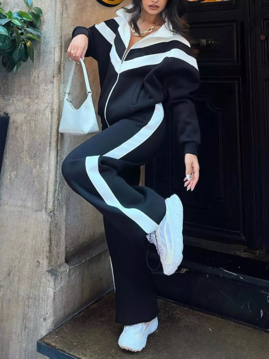 Block Zip-up Outerwear Pants Set