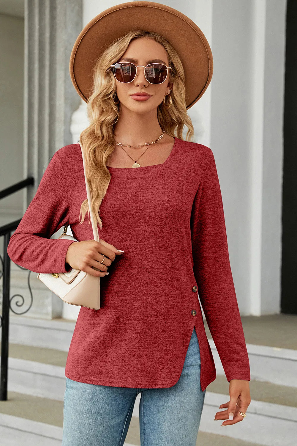 Slit Decorative Button Square Neck T-shirt