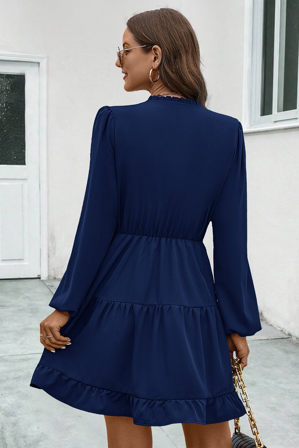 V-neck Tie Neck Long Sleeve Dress (7)