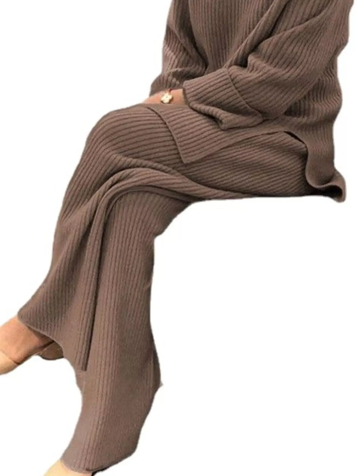 Full Size Ribbed Knit Relaxed Fit Top Pants Sweater Set Plus (18)