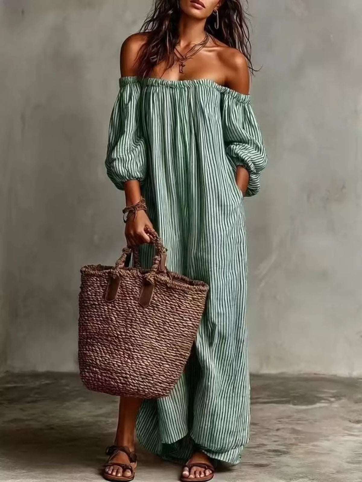 Full Size Off-shoulder Striped Maxi Dress Puff Sleeves Plus (13)