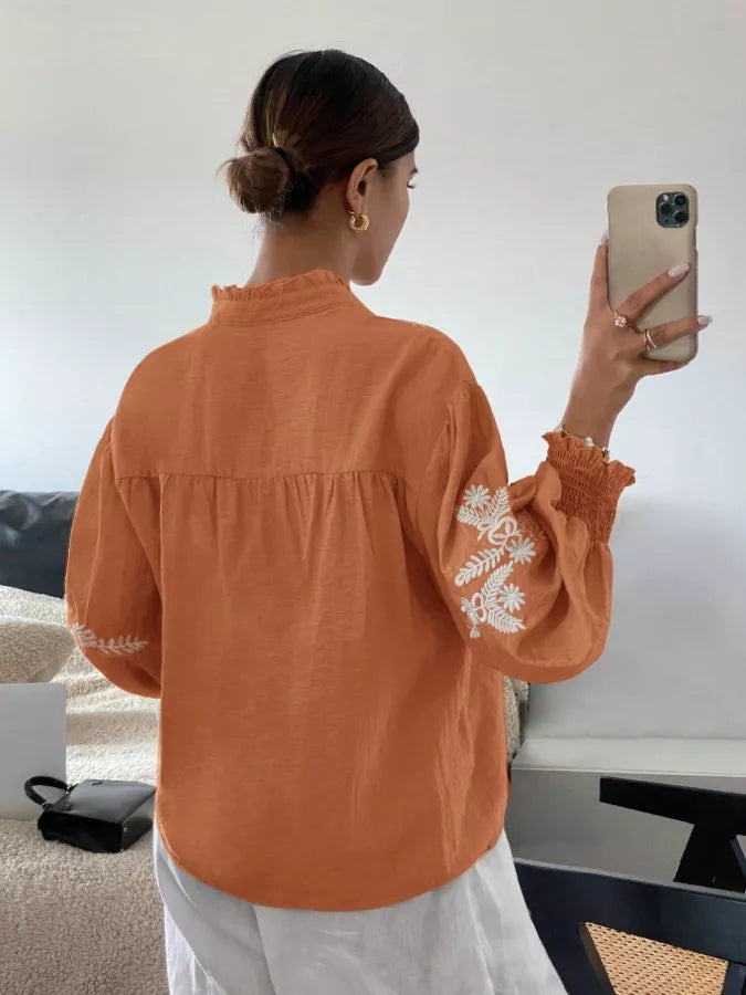 Embroidered Notched Long Sleeve Blouse (35)