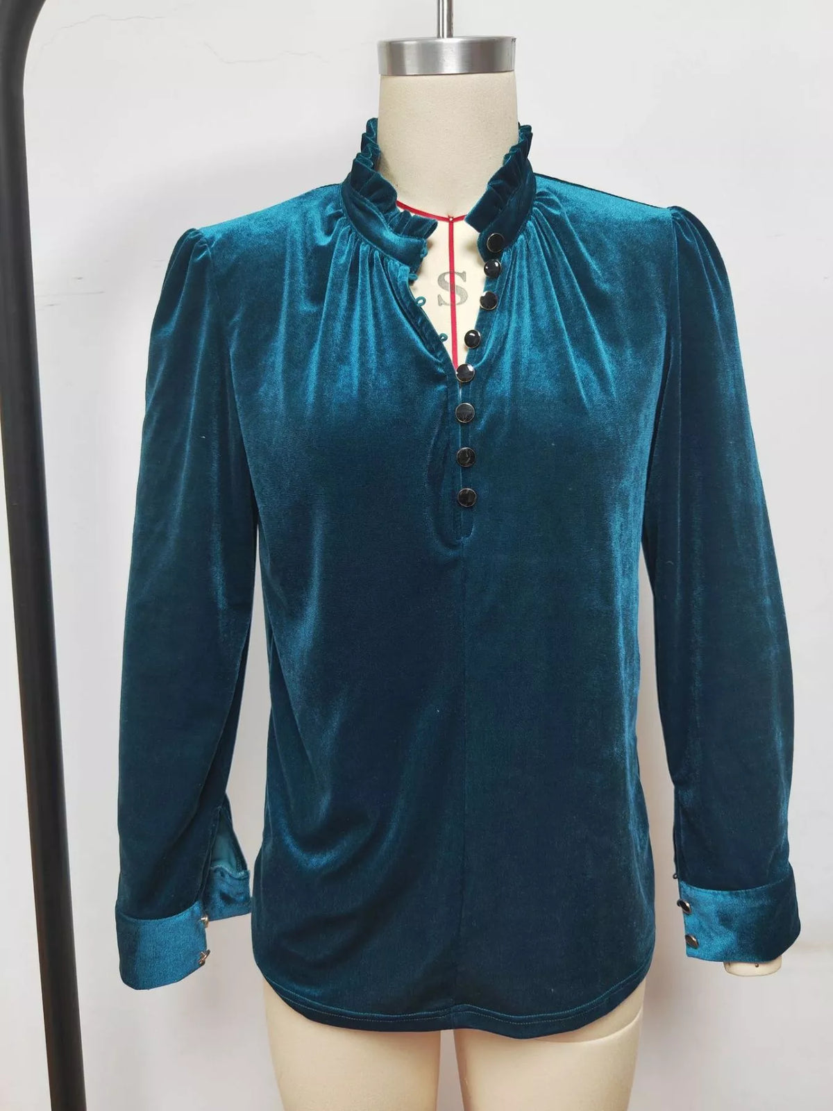 Elegant Velvet Ruffle Neck Blouse (12)