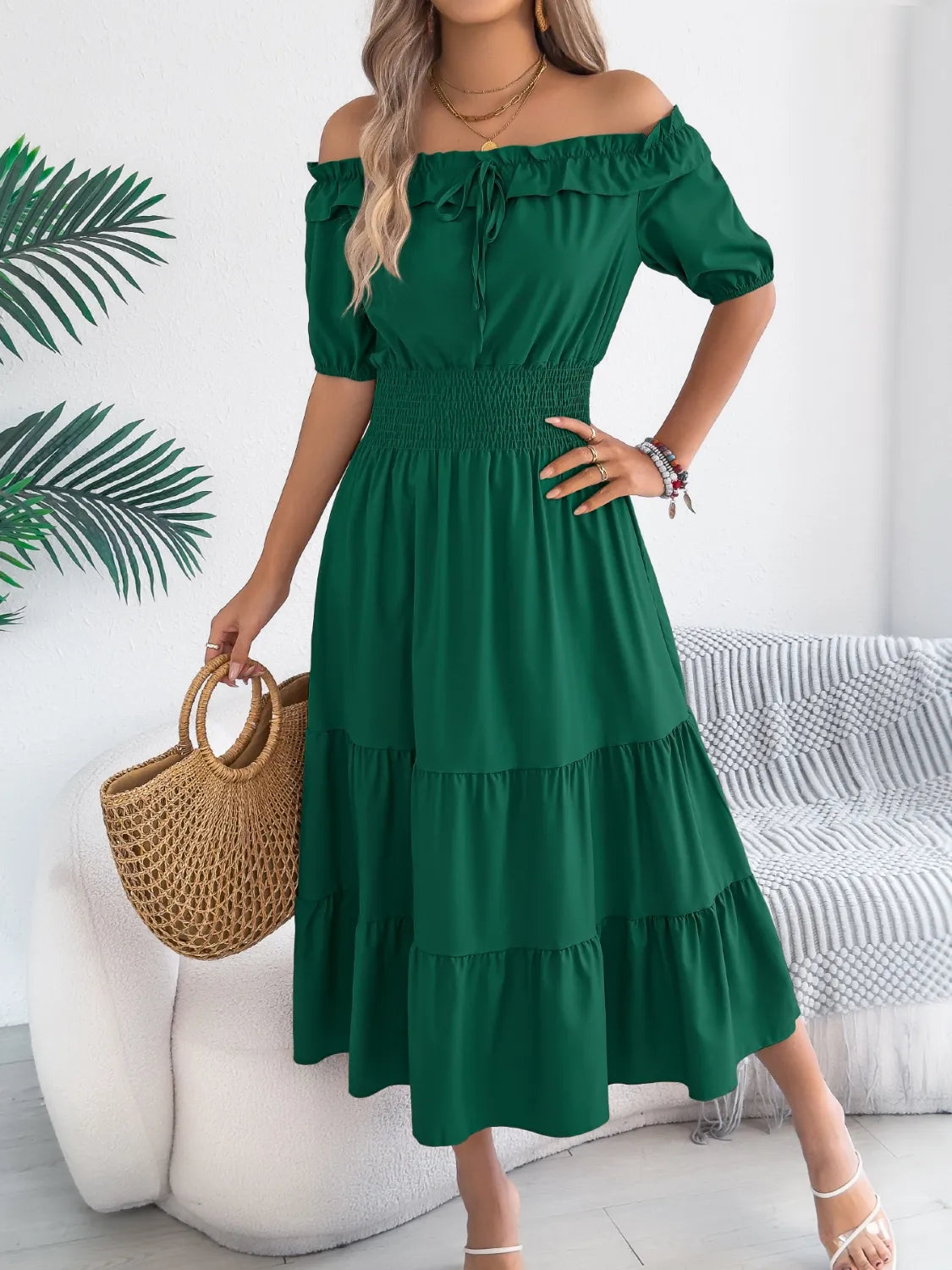 Smocked Off-shoulder Tiered Dress (8)