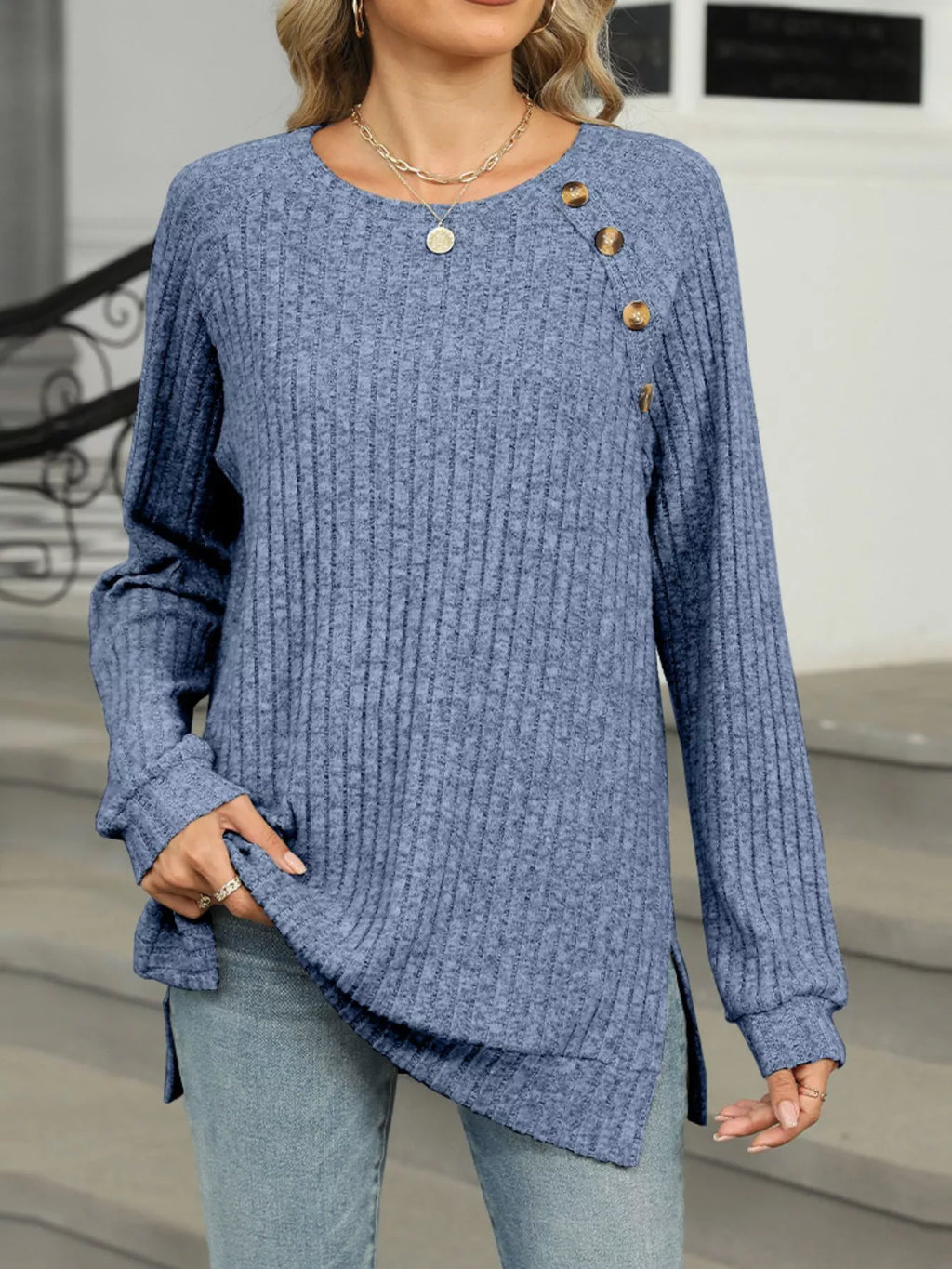 Round Neck Knit Button Top (13)