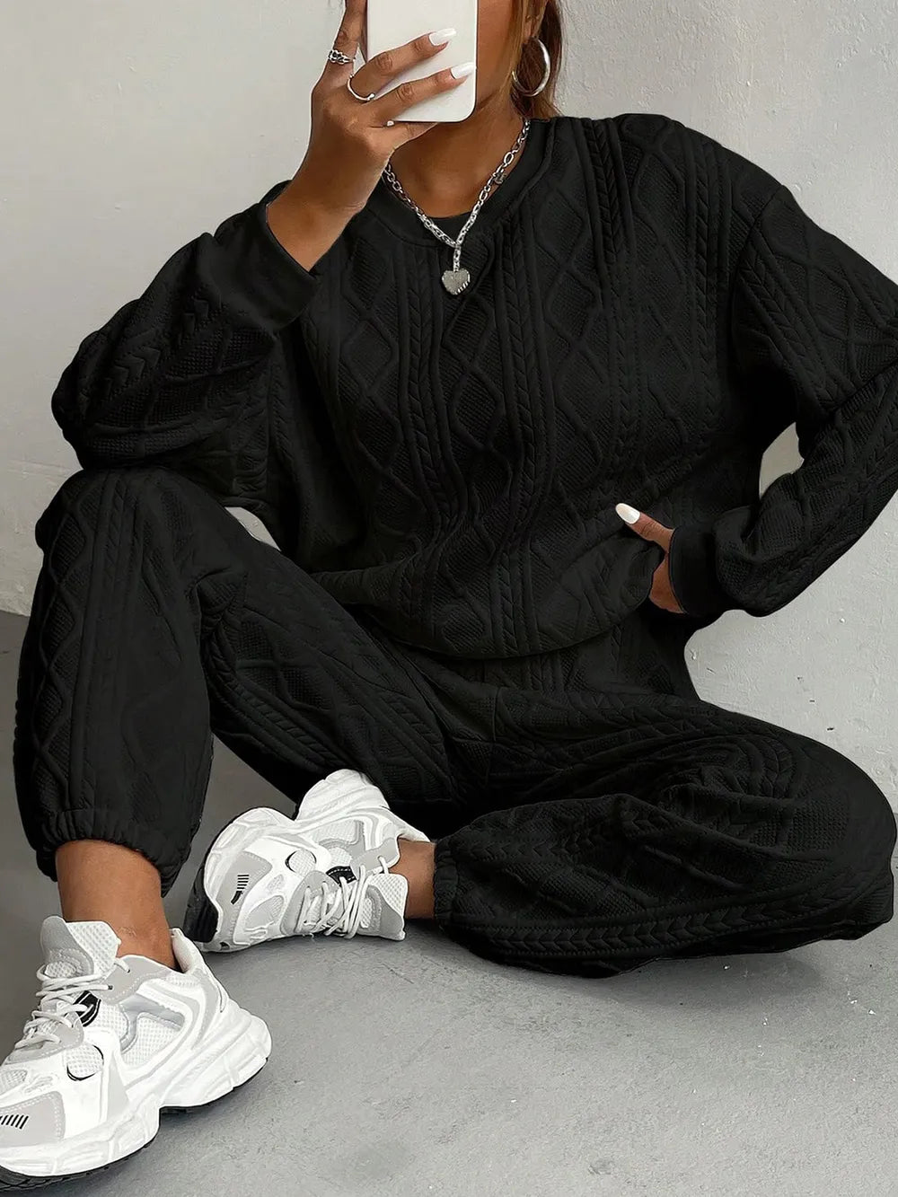 Texture Round Neck Top Pants Set (6)