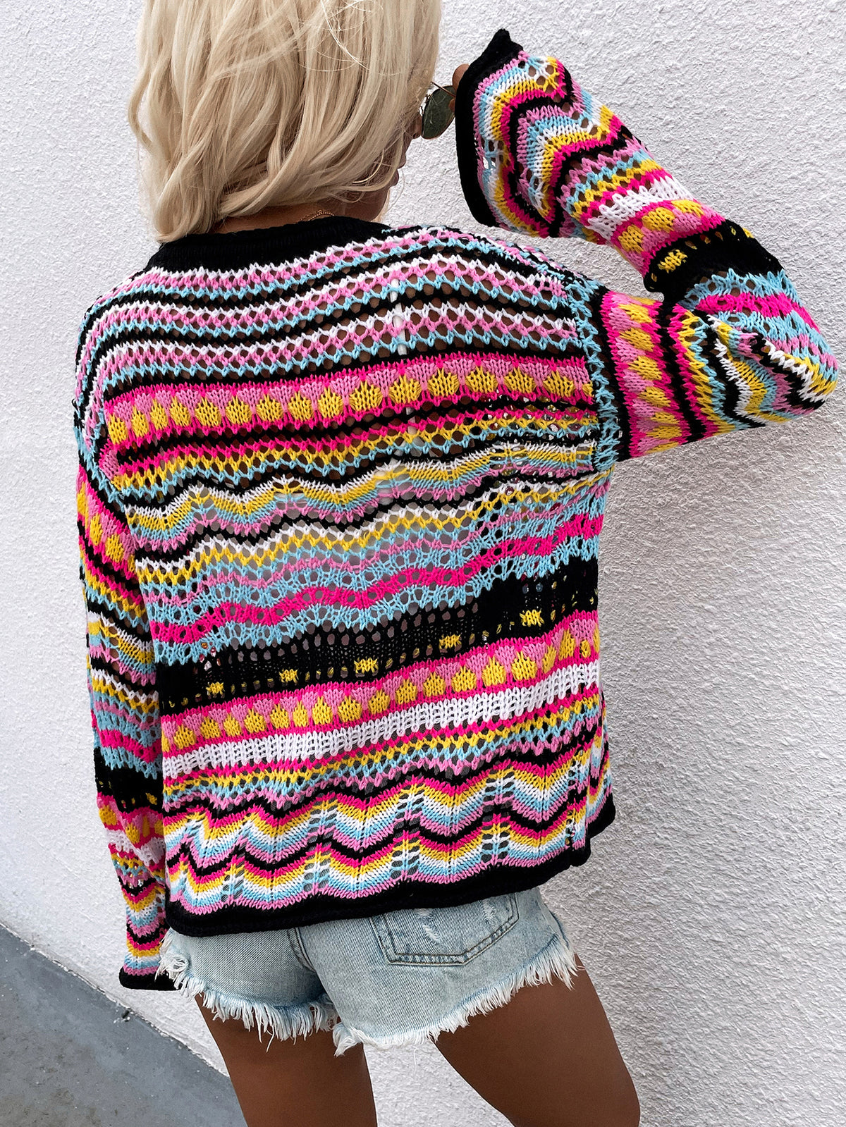 Chevron Stripes Openwork Cardigan (5)