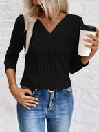 Ribbed V-neck Long Sleeve T-shirt (12)