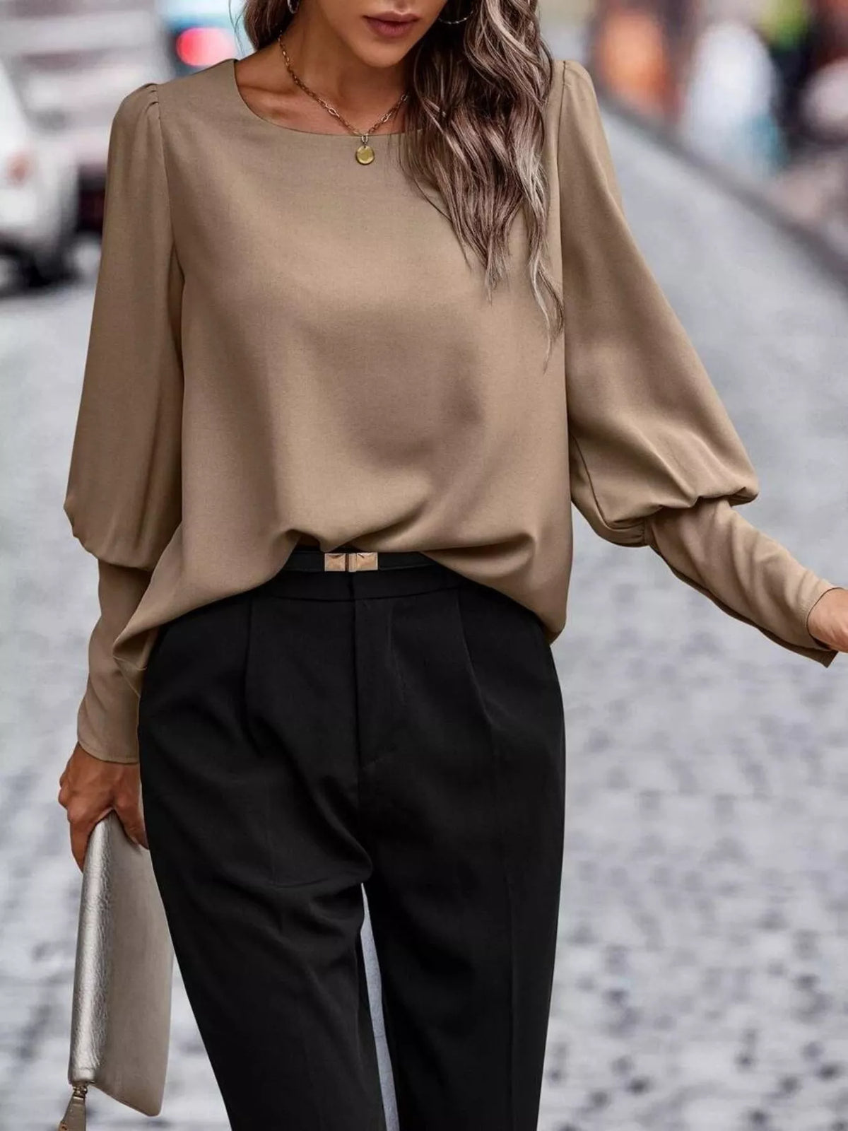 Back Button Lantern Sleeve Blouse (9)