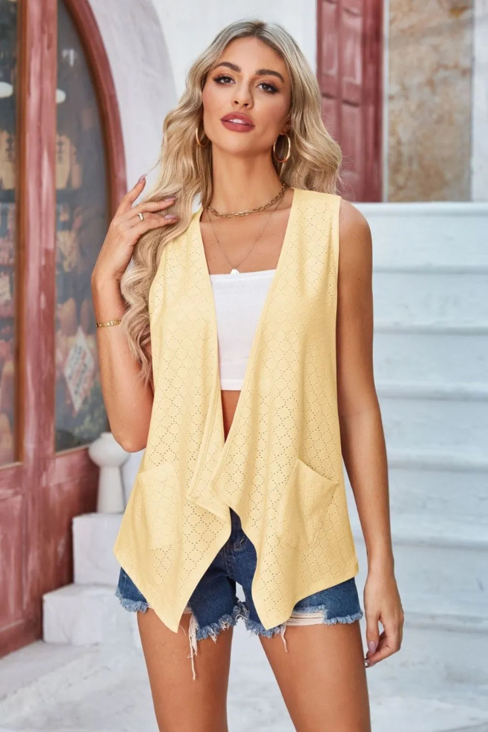 Eyelet Open Front Sleeveless Cardigan (13)