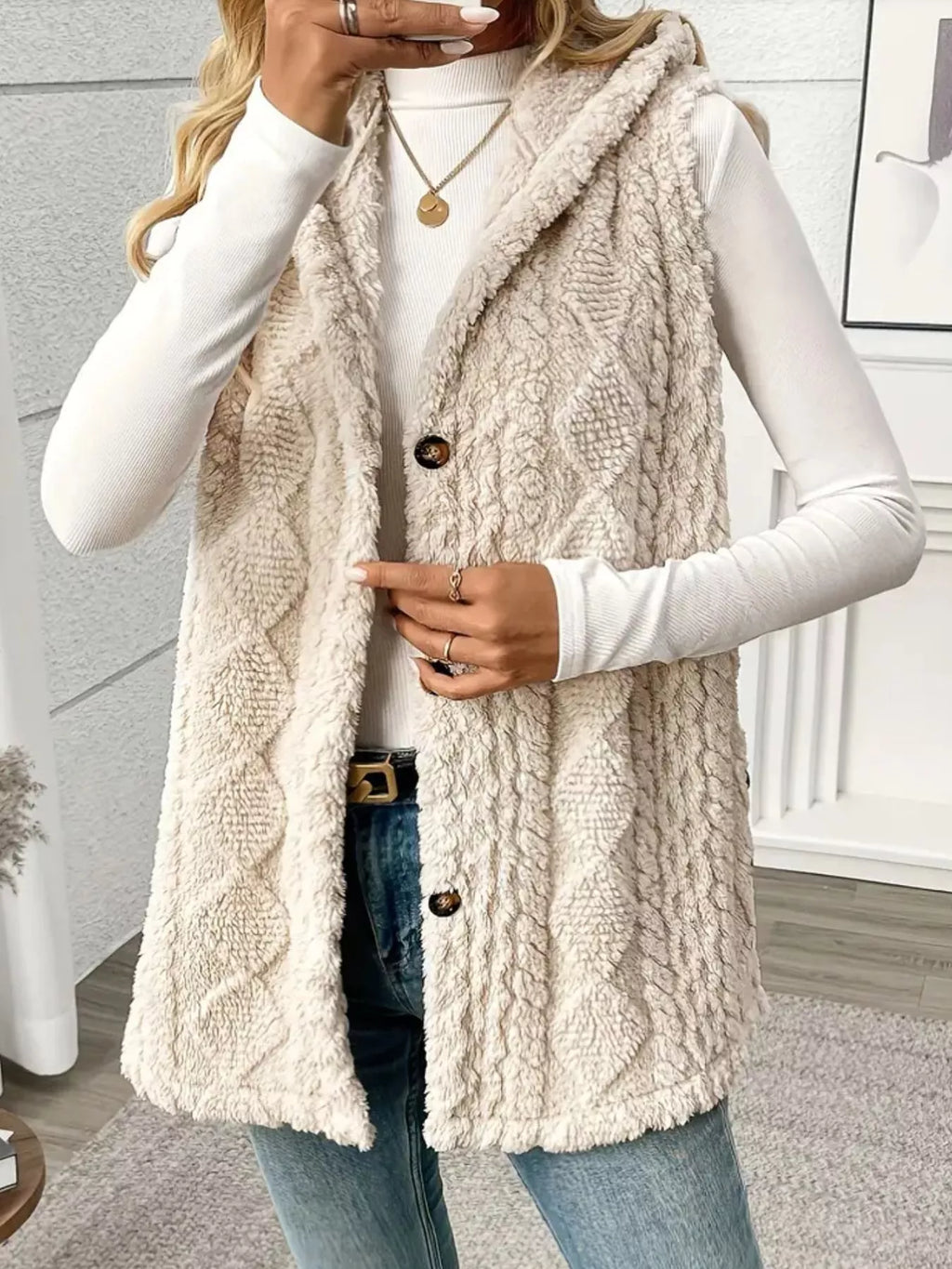 Button-down Sherpa Hooded Vest Coat (3)