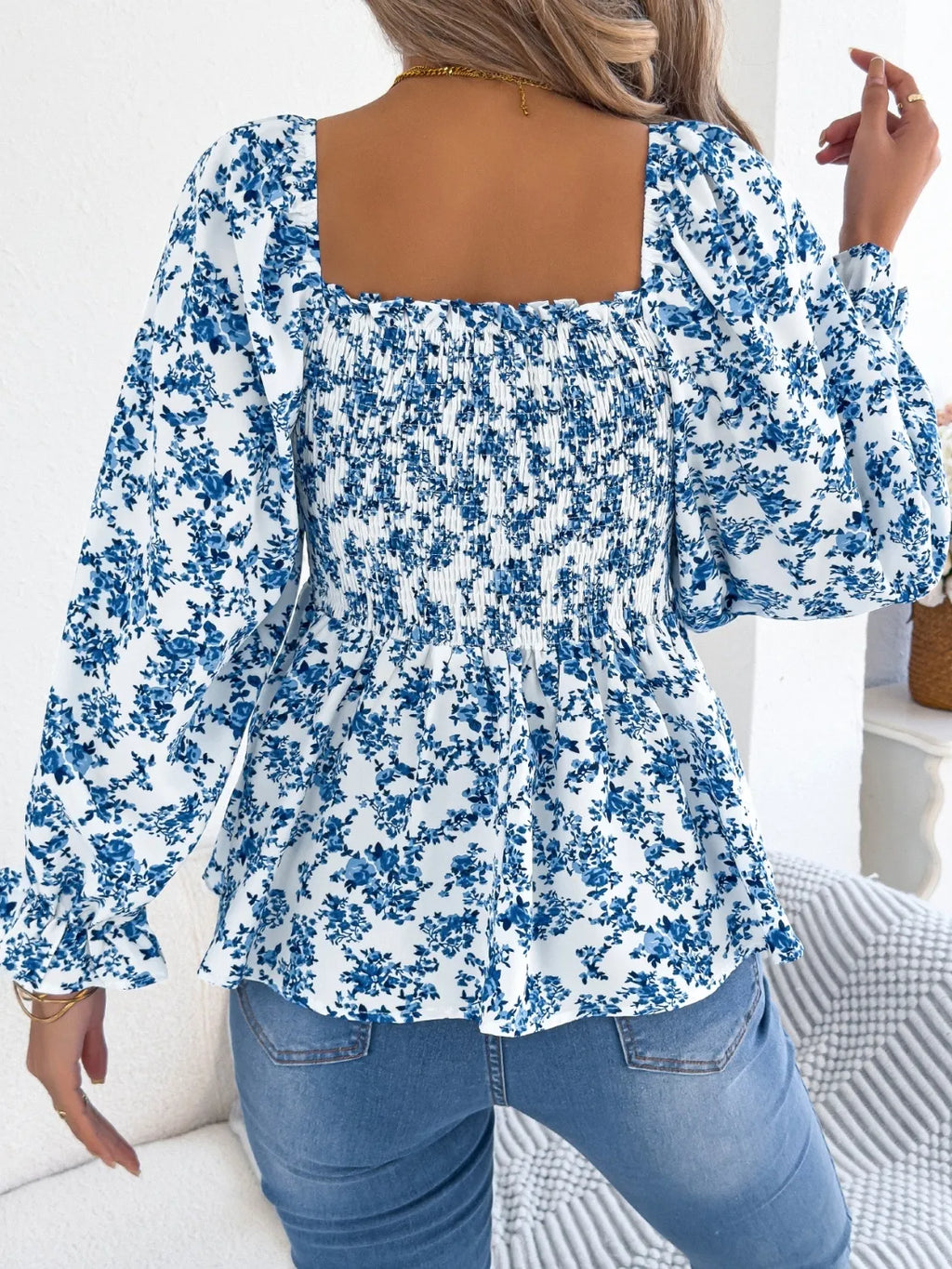 Floral Square Neck Flounce Sleeve Blouse (2)