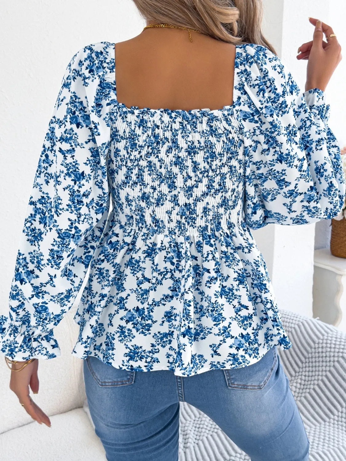 Floral Square Neck Flounce Sleeve Blouse (2)