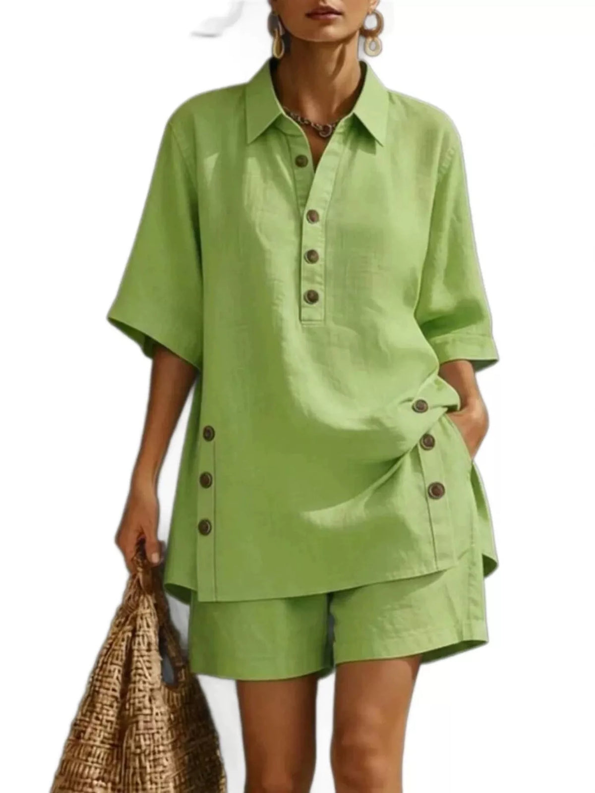 Full Size Casual Linen Button-down Shirt Shorts Set Plus (7)