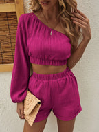 One Shoulder Long Sleeve Top Shorts Set (13)