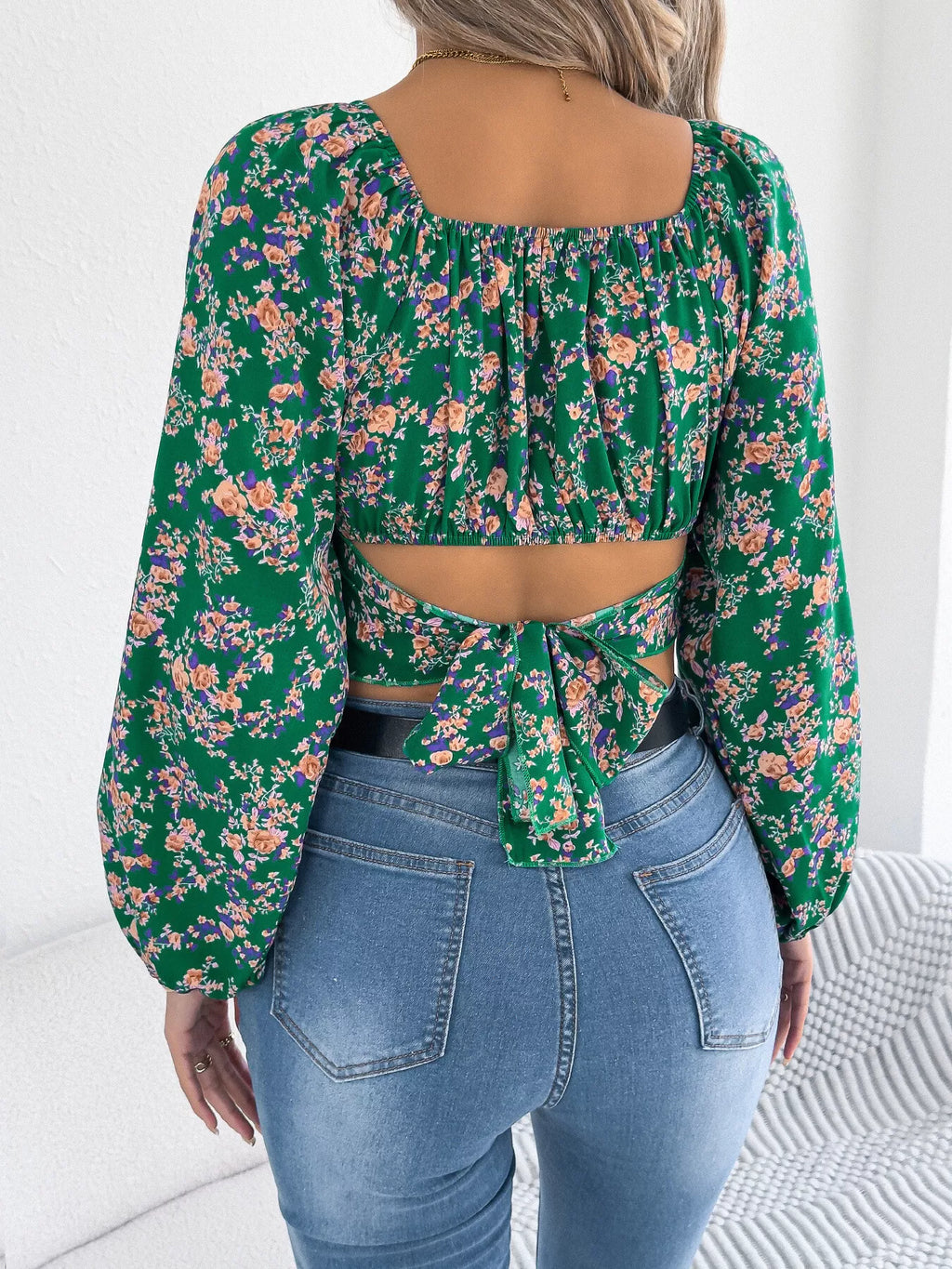 Floral Balloon Sleeve Square Neck Crop Blouse (13)
