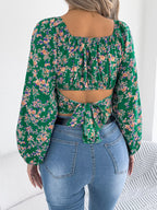 Floral Balloon Sleeve Square Neck Crop Blouse (13)