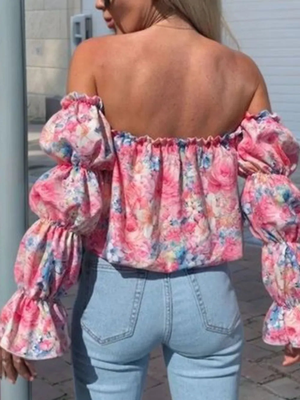 Printed Off-shoulder Flounce Sleeve Blouse (2)