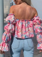 Printed Off-shoulder Flounce Sleeve Blouse (2)