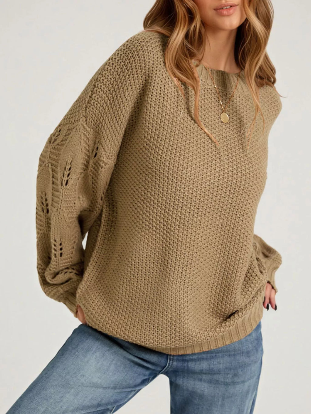 Textured Knit Openwork Dropped Shoulder Sweater (4)