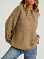 Textured Knit Openwork Dropped Shoulder Sweater (4)