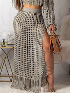 Full Size Crochet Off-shoulder Fringe Top Skirt Set Plus (24)