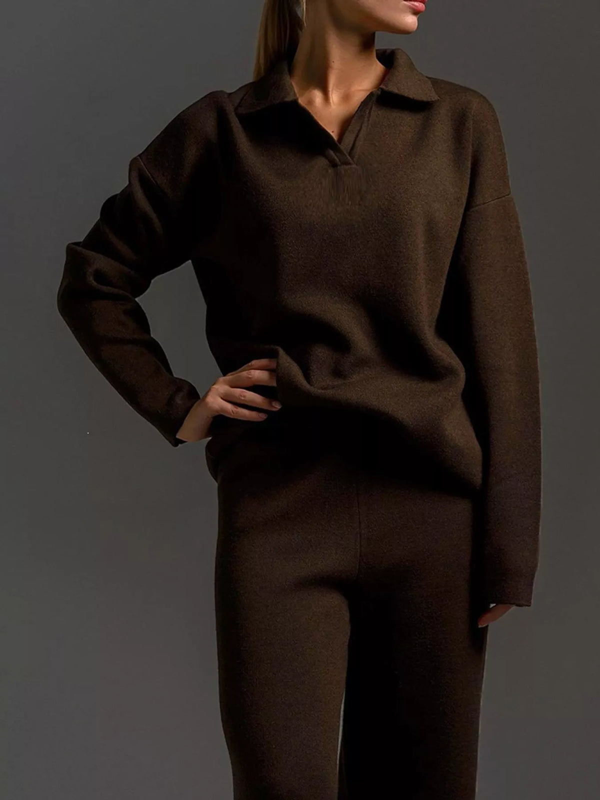 Polo Collar Top Wide-leg Pants Set (33)