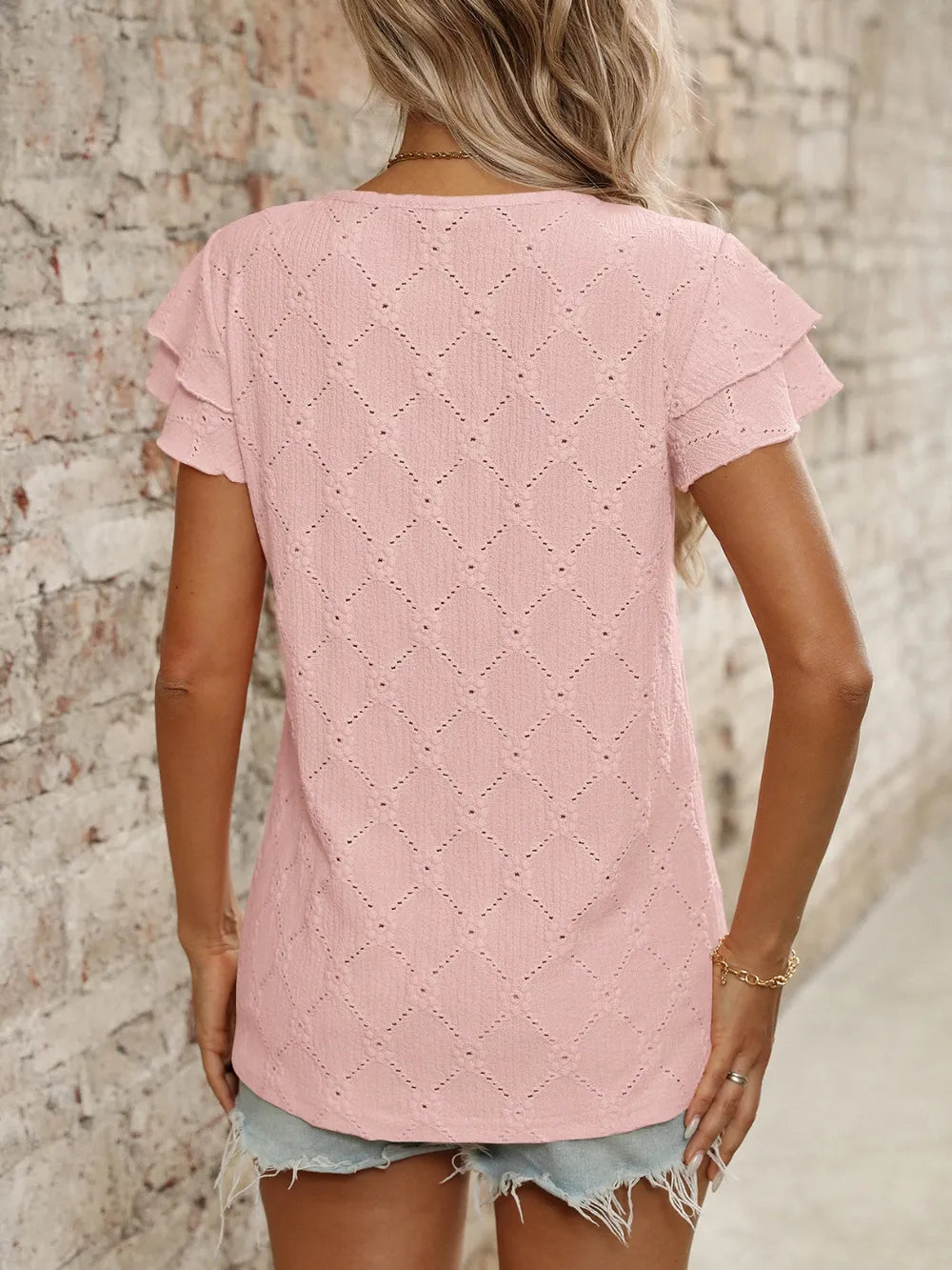 Eyelet Round Neck Double Layered Ruffled Short Sleeve Top (8)