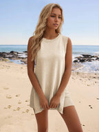 Slit Round Neck Top Shorts Set (29)