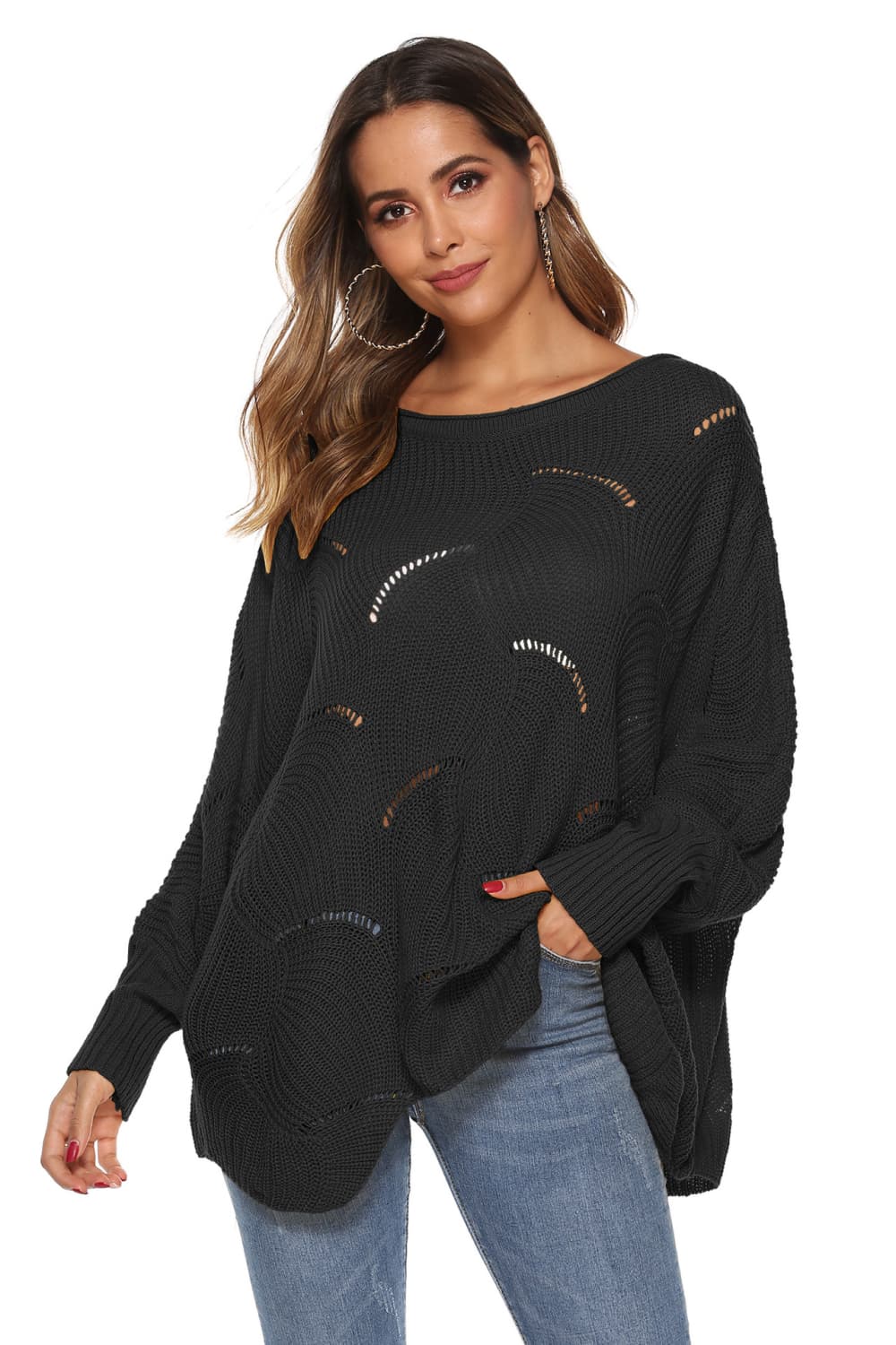 Round Neck Long Sleeve Openwork Sweater (2)