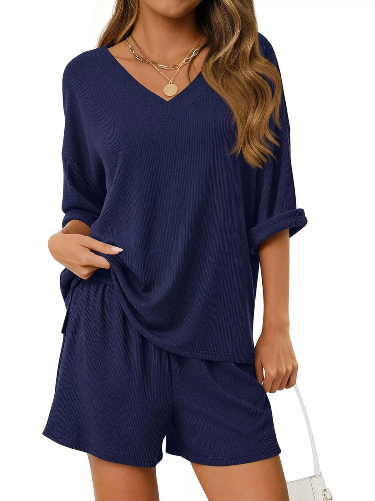 Casual Solid Color V-neck Top Shorts Set (29)