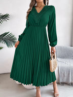 Lace Detail V-neck Pleated Dress