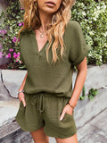 Notched Short Sleeve Top Shorts Set