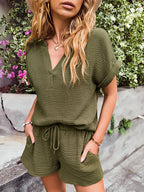 Notched Short Sleeve Top Shorts Set