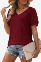 Swiss Dot Puff Sleeve V-neck Tee (30)