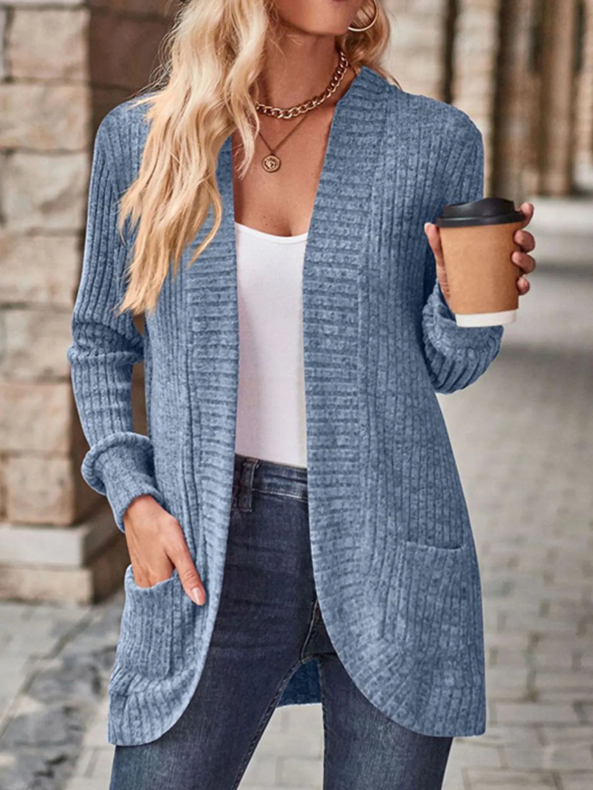 Ribbed Knit Open Front Cardigan Pockets (2)