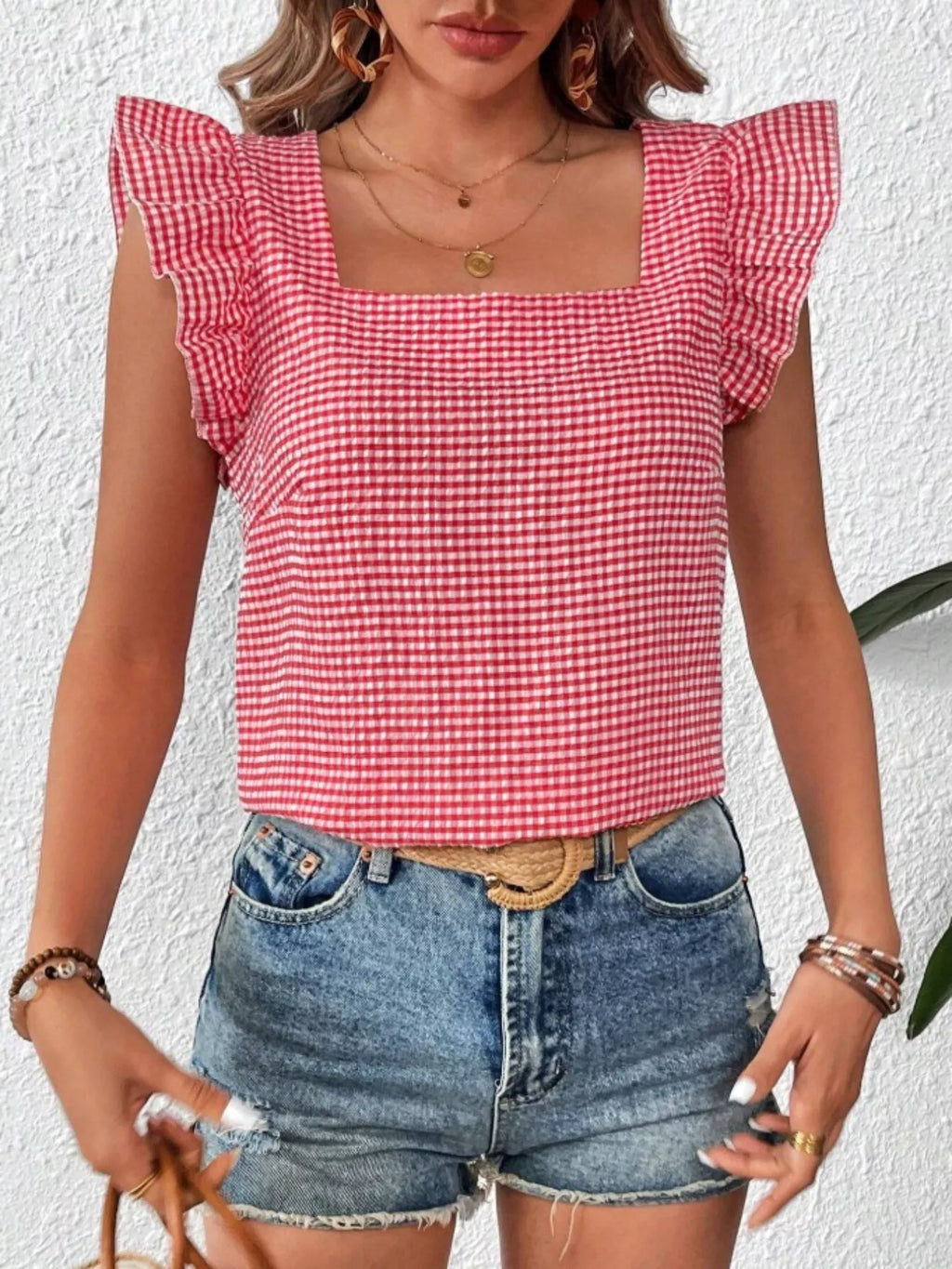 Gingham Ruffle Sleeve Square Neck Blouse (27)