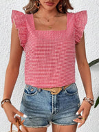 Gingham Ruffle Sleeve Square Neck Blouse (27)
