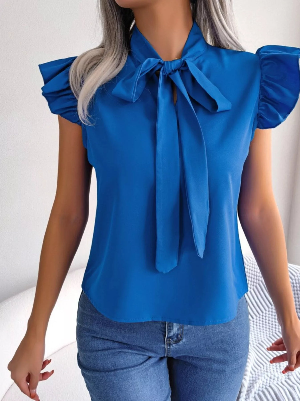 Bow Tie Ruffle Sleeve Blouse (17)