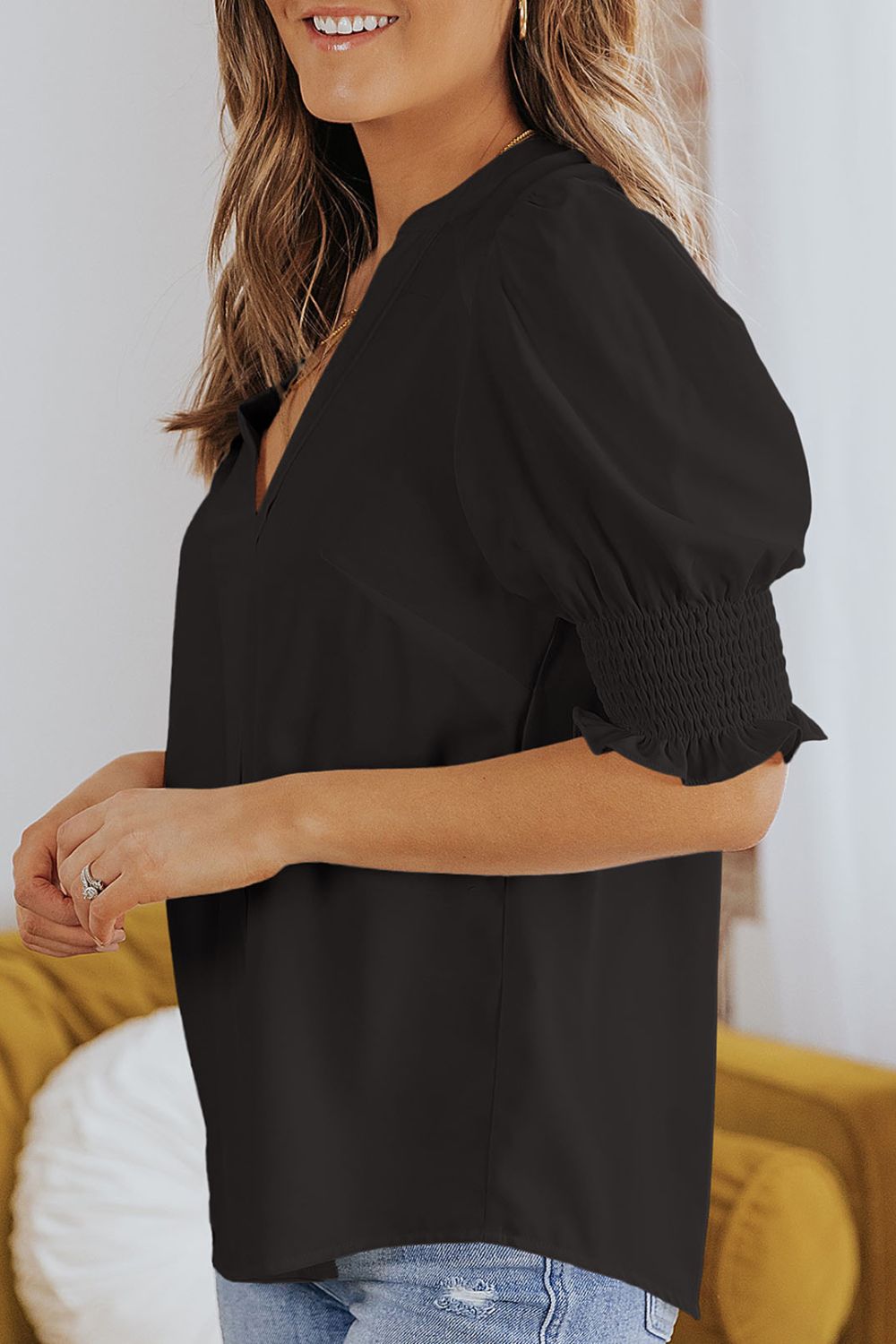 Smocked Flounce Sleeve Notched Neck Blouse (16)