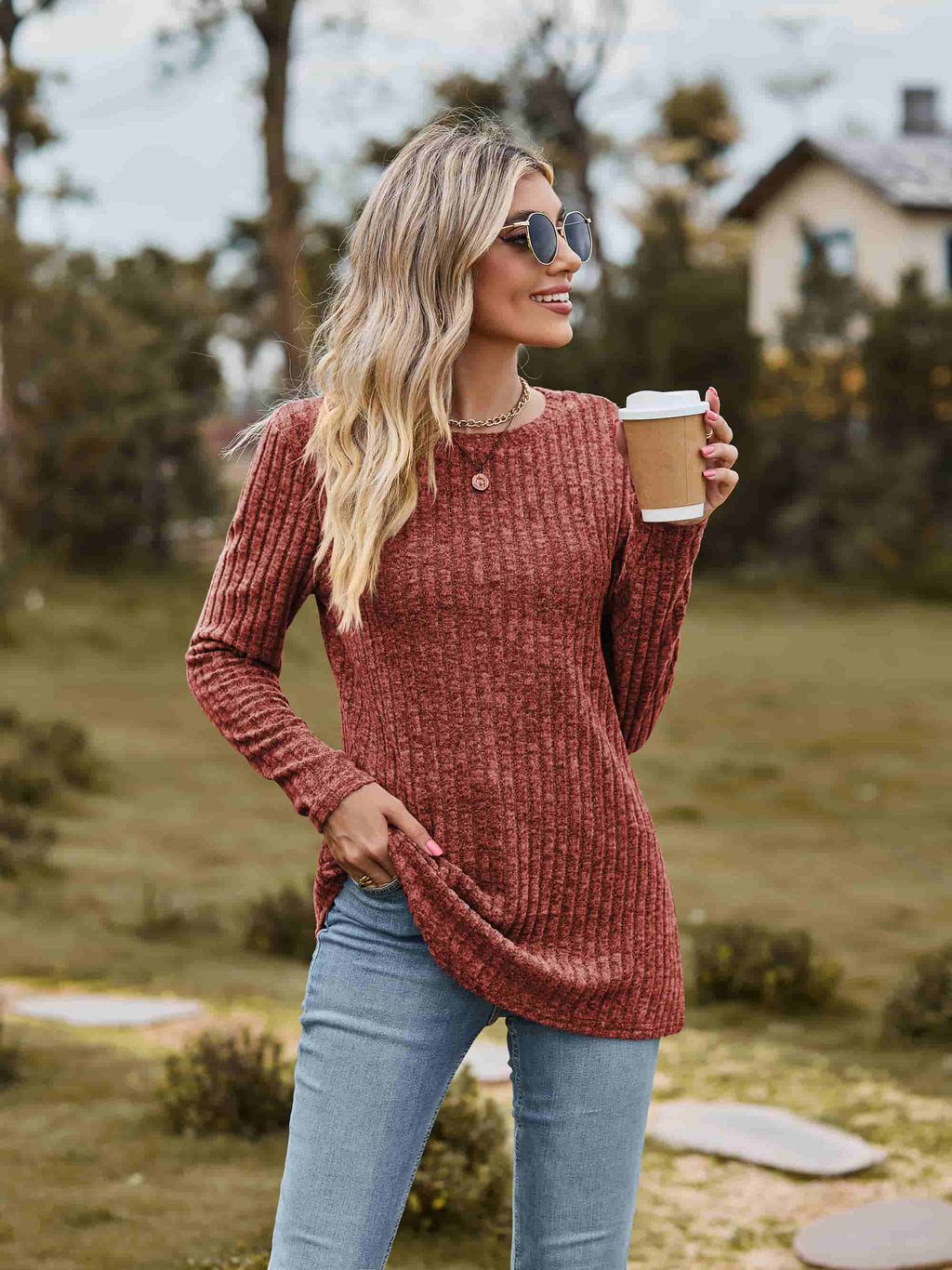 Ribbed Round Neck Long Sleeve Tee (6)