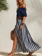 Off Shoulder Top Striped Maxi Skirt Set Belt (2)