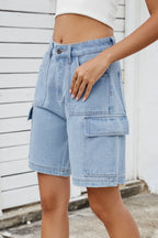 High Rise Denim Shorts Cargo Pockets (8)