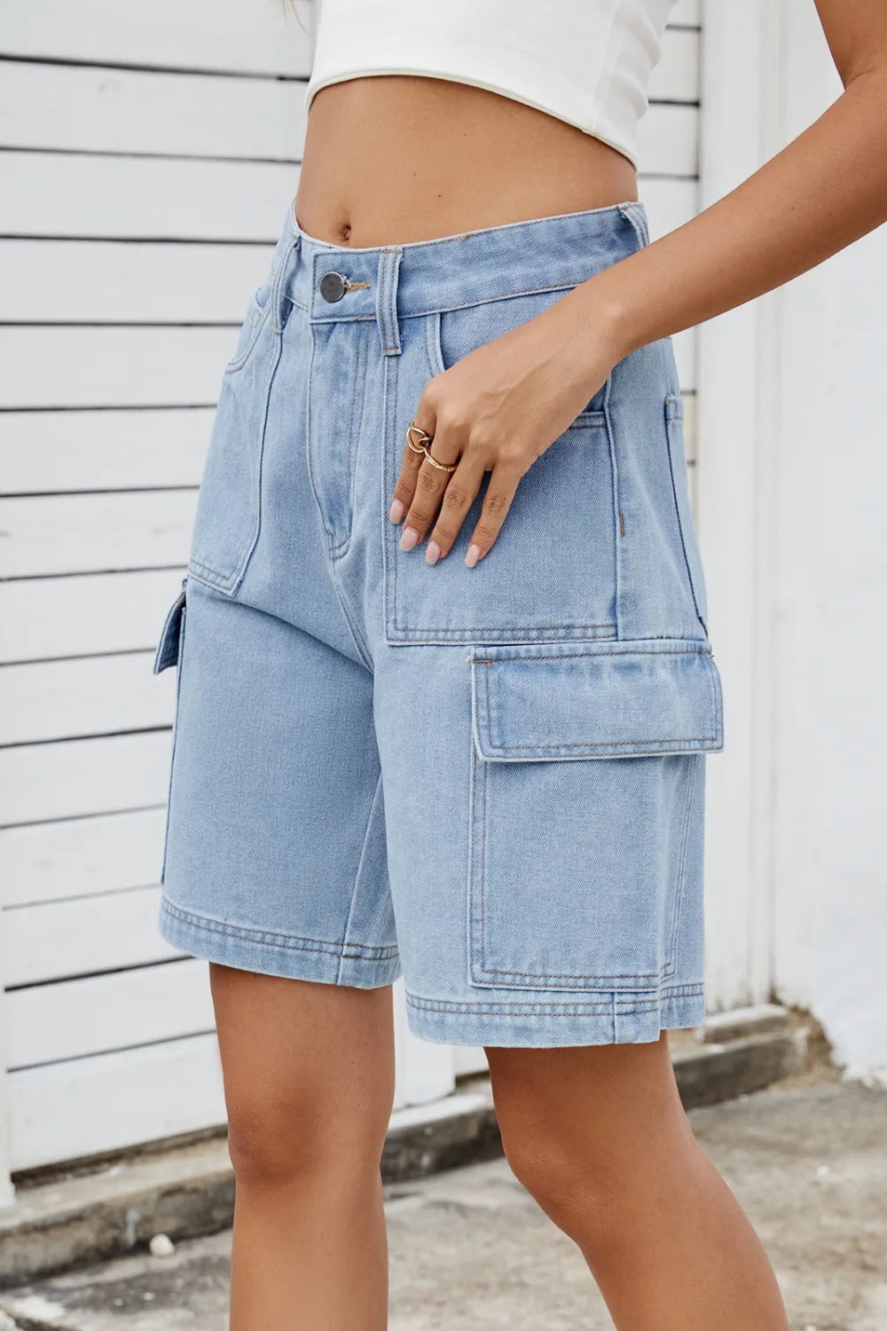 High Rise Denim Shorts Cargo Pockets (8)
