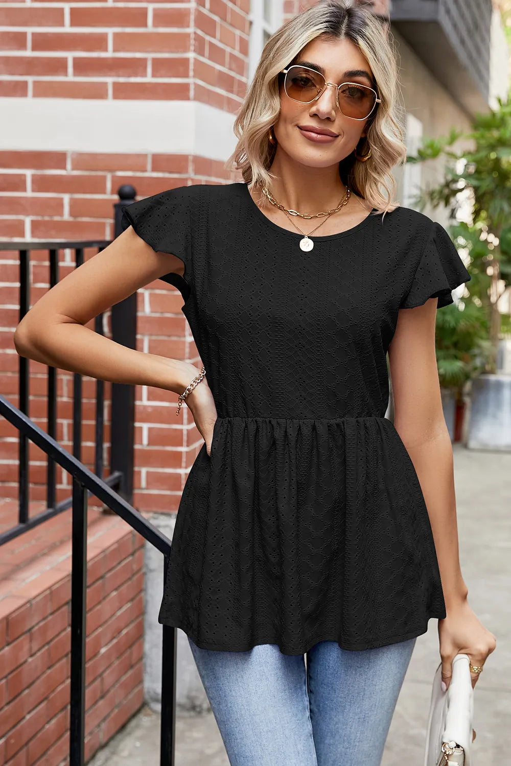 Tied Ruffled Round Neck Peplum T-shirt (7)