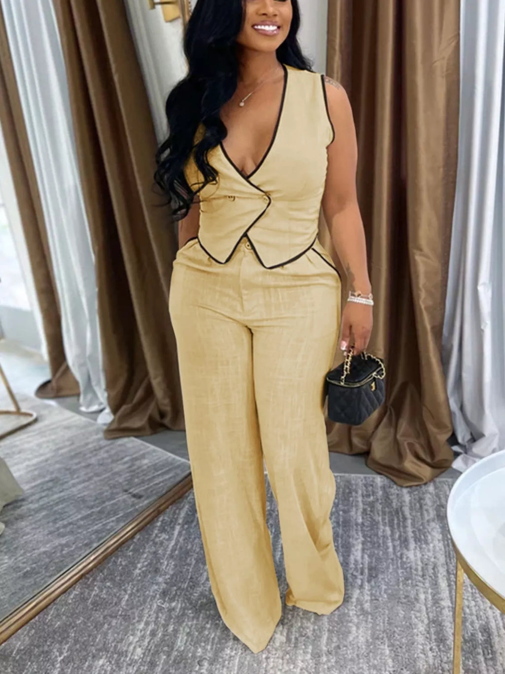 Contrast Trim Vest Wide-leg Pants Two-piece Set